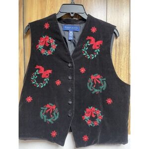 Vintage Karen Scott Christmas Vest Womens Lg Embroidered Black Velvet Wreath